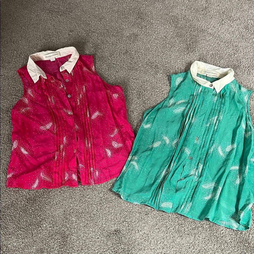 Lot 2 Champagne & Strawberry SILK Feather Print Blouses Mother Pearl Buttons szM